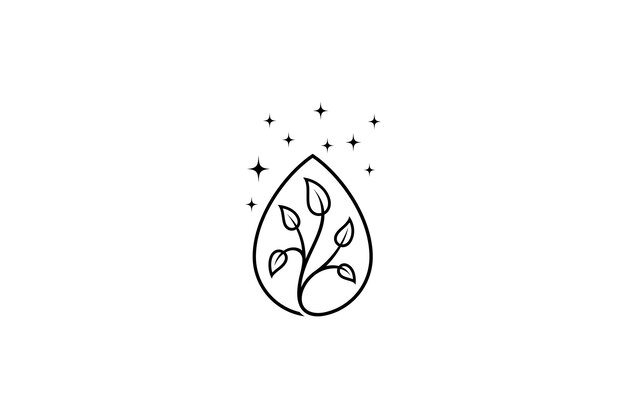 Diseño de logotipo de gota de agua con combinación de plantas decoradas con estrellas en estilo arte lineal