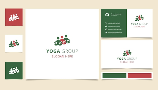 Diseño de logotipo de grupo de yoga con libro de marca de eslogan editable