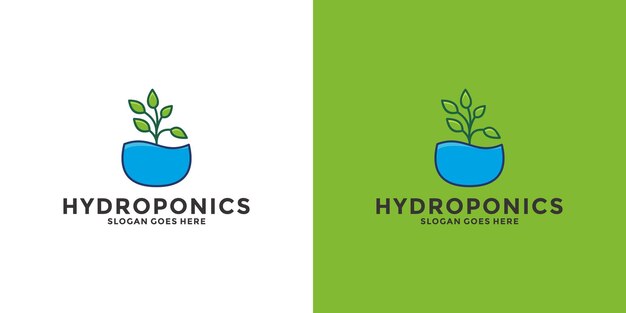 Diseño de logotipo de hidroponía. agua con símbolo de hoja