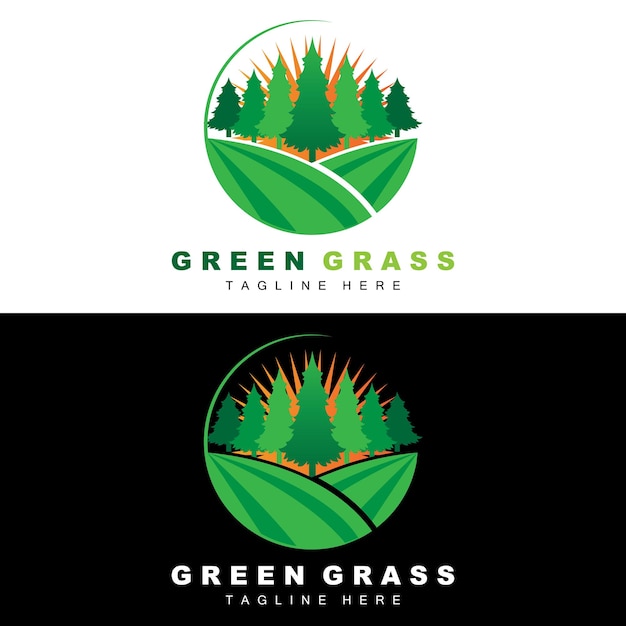 Diseño Logotipo Hierba Verde Granja Paisaje Ilustración Vector Paisaje Natural