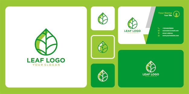 Diseño de logotipo de hoja con arte lineal y tarjeta de visita