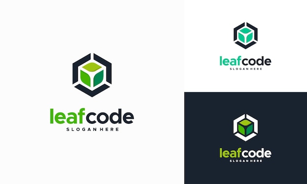 Diseño de logotipo de hoja de código verde. Plantilla de logotipo de código de programación. Vector de diseño de plantilla de logotipo de tecnología ecológica