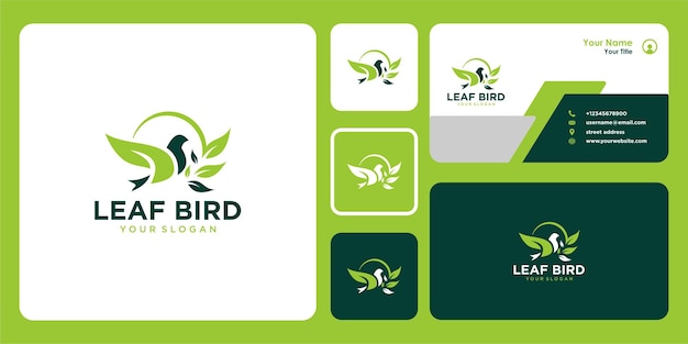Diseño de logotipo de hoja con pájaro y tarjeta de visita.