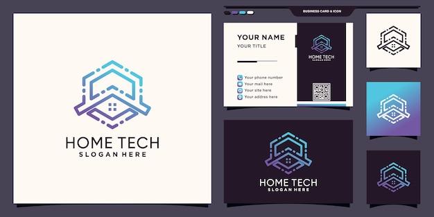 Diseño de logotipo de home tech con estilo de arte de línea hexagonal y diseño de tarjeta de visita vector premium