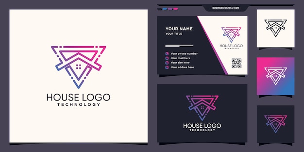 Diseño de logotipo de house tech con estilo de arte de línea triangular y diseño de tarjeta de visita vector premium