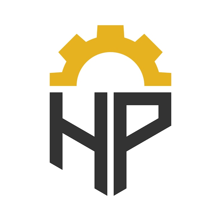Vector diseño del logotipo de hp letter gear para el centro de servicio de reparación de fábricas industriales digitales y mecánicas