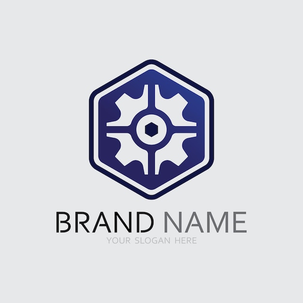 Diseño del logotipo del icono mecánico de engranajes y engranajos Ilustración del letrero rotativo de la máquina