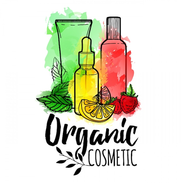 Diseño de logotipo, icono, símbolo, cosméticos orgánicos botellas de cosméticos para el cuidado de la piel con textura de acuarela e ingredientes decorar con frutas, bayas y hierbas