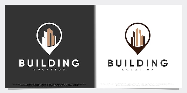 Diseño de logotipo de icono de ubicación de edificio con concepto moderno Vector Premium