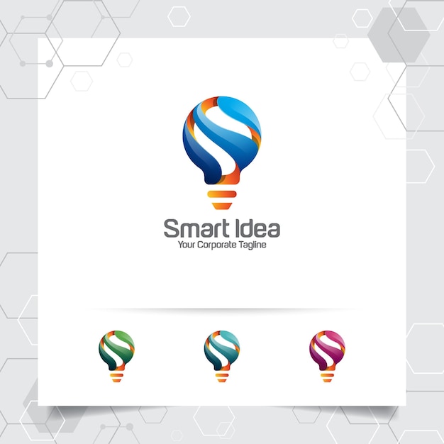 Diseño de logotipo de idea inteligente de la letra S en el icono de bombilla o lámpara con un estilo moderno y colorido en 3D