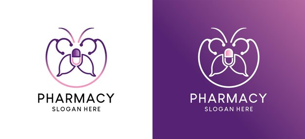 Diseño de logotipo de ilustración de vector de farmacia de mariposa con concepto creativo