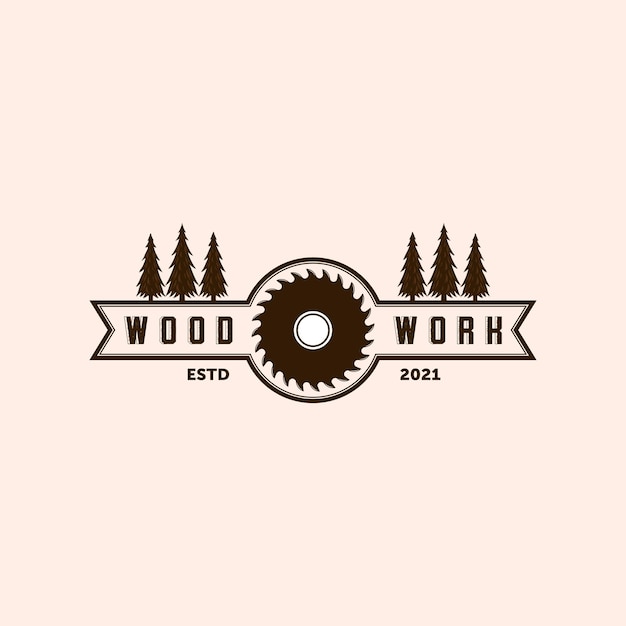 Diseño de logotipo de ilustración vectorial de carpintería, inspiración de concepto de logotipo de madera de pino y sierra