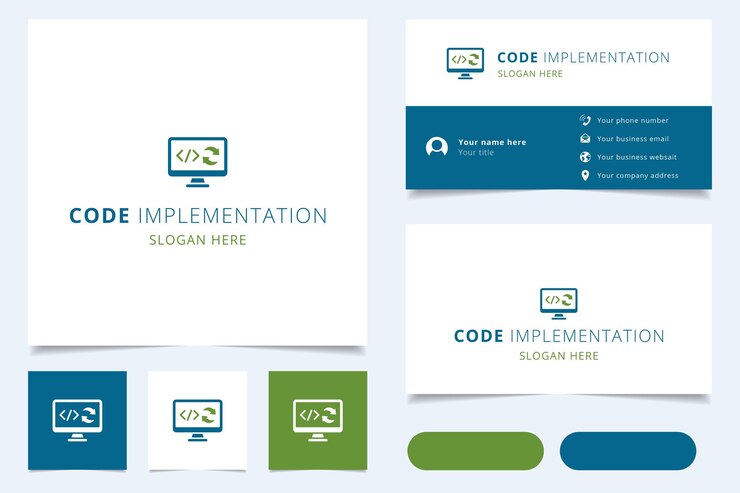 Vector diseño de logotipo de implementación de código con eslogan editable