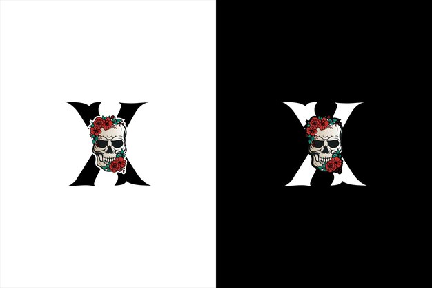 Diseño del logotipo inicial de la letra X Skull Vector del logotipo de la silueta mínima del cráneo con diseño del logotipo con la letra X