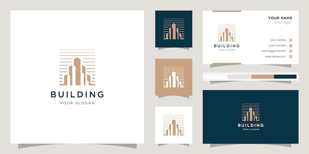 Diseño de logotipo inmobiliario con estilo de arte lineal. diseño de logotipo y diseño de tarjeta de presentación