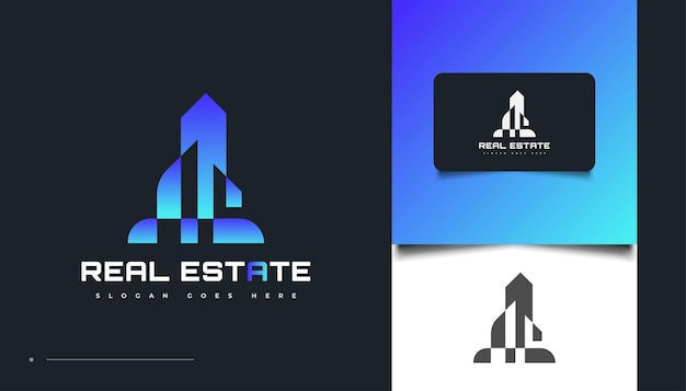 Diseño de logotipo inmobiliario moderno y futurista en degradado azul. Diseño de Logo de Construcción, Arquitectura o Edificio