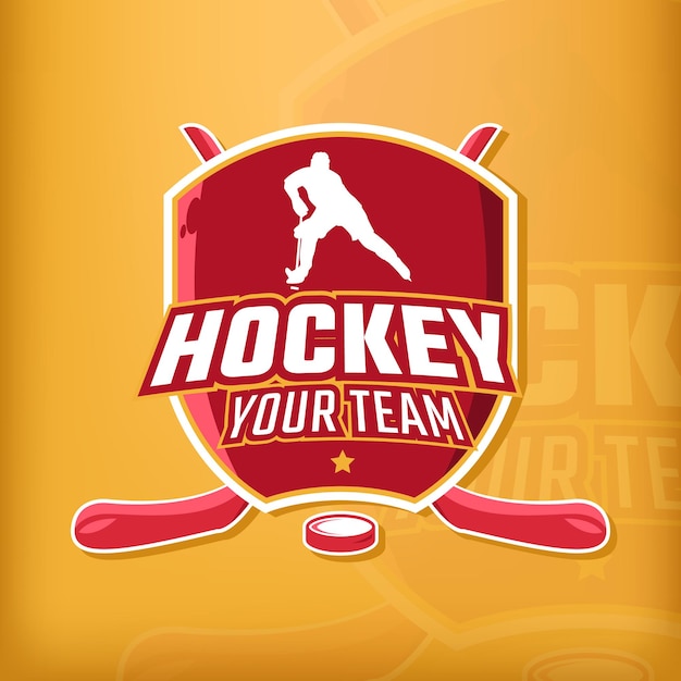 Diseño de logotipo de insignia de hockey profesional sobre fondo dorado