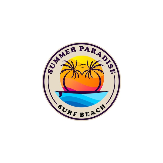 Diseño de logotipo de insignia de playa de surf de paraíso de verano