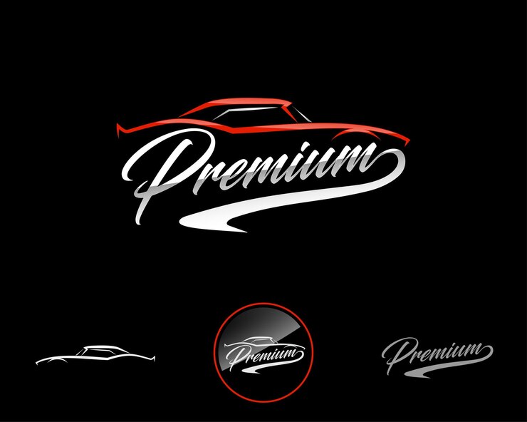 Diseño del logotipo de la insignia premium en colores de efecto rojo y plateado con variaciones para las redes sociales