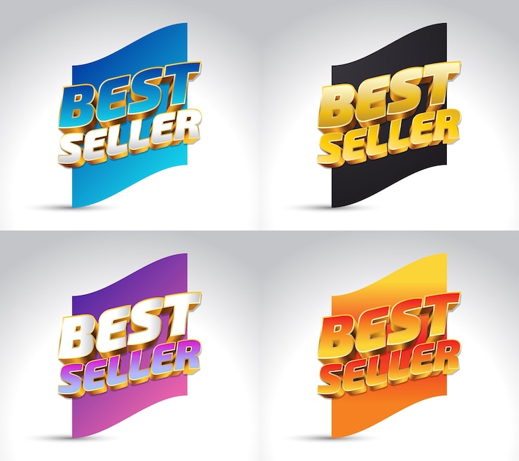 Vector diseño de logotipo de insignia de superventas en 3d con variaciones coloridas. símbolo, emblema, icono, etiqueta o adhesivo del premio al mejor vendedor
