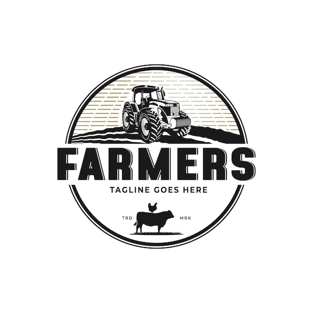 Diseño de logotipo de insignia de tractor y tierra agrícola para granja