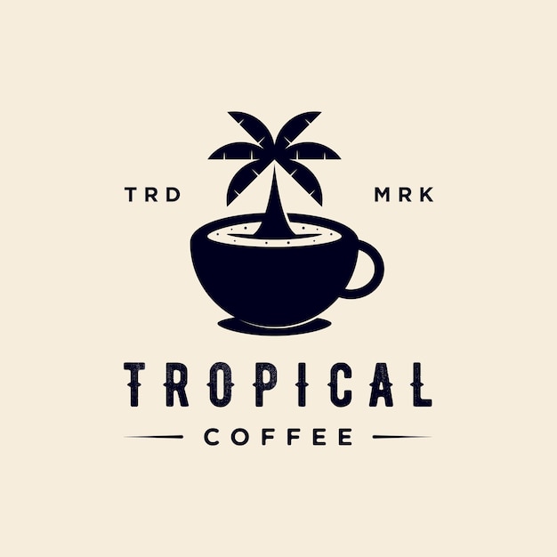 Diseño de logotipo de isla de coco de palma de taza de café Bebida de tienda de cafetería tropical Ilustración de vector de vacaciones frescas de verano