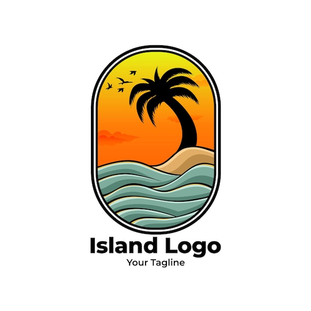 Diseño de logotipo de isla con cocoteros y puesta de sol