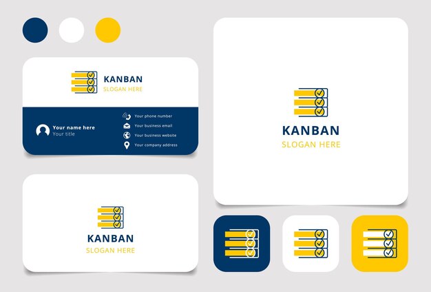 Diseño del logotipo de Kanban con eslogan editable Tarjeta de visita y plantilla de libro de marca
