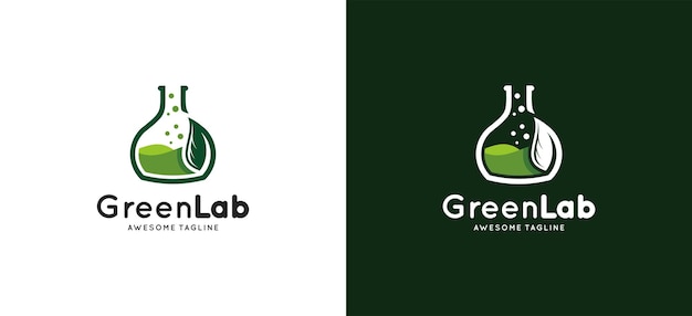 El diseño del logotipo del laboratorio de ciencia de innovación verde muestra un icono de hoja con un tubo de botella de vidrio