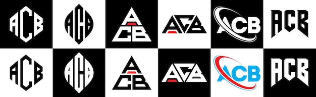 Diseño de logotipo de letra ACB en seis estilos ACB polígono círculo triángulo hexágono estilo plano y simple con variación de color en blanco y negro logotipo de letra en una mesa de trabajo Logotipo minimalista y clásico de ACB