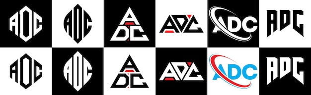 Diseño del logotipo de la letra ADC en seis estilos ADC polígono círculo triángulo hexágono plano y estilo simple con variación de color blanco y negro logotipo de letra establecido en un tablero ADC minimalista y clásico