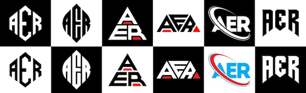 Vector diseño del logotipo de la letra aer en seis estilos aer polígono círculo triángulo hexágono plano y estilo simple con variación de color blanco y negro logotipo de letra establecido en un tablero de arte aer logotipo minimalista y clásico