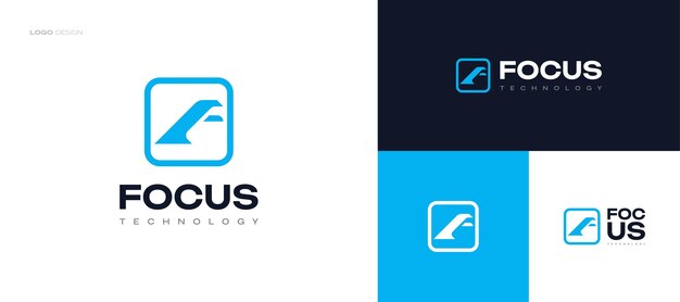 Diseño de logotipo con letra azul F en concepto abstracto y moderno para identidad de marca empresarial y tecnológica