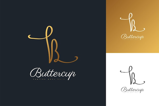 Diseño de logotipo letra B inicial minimalista y elegante con estilo de escritura a mano en degradado dorado. Logotipo de firma manuscrita para identidad