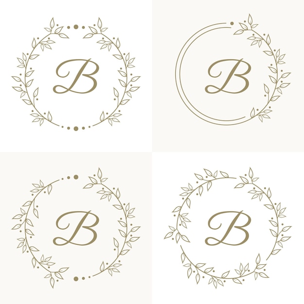 Diseño de logotipo de letra B de lujo con plantilla de fondo de marco floral