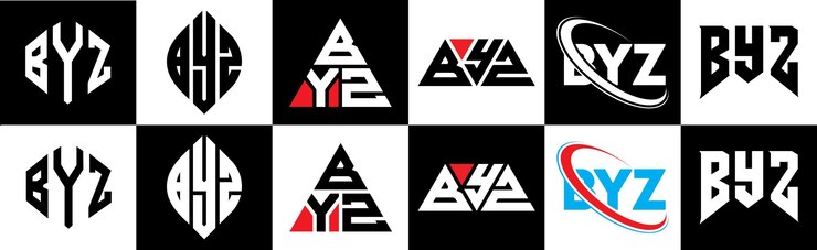 Vector diseño del logotipo de la letra byz en seis estilos byz polígono círculo triángulo hexágono plano y estilo simple con variación de color blanco y negro logotipo de letra establecido en un tablero de arte byz logotipo minimalista y clásico