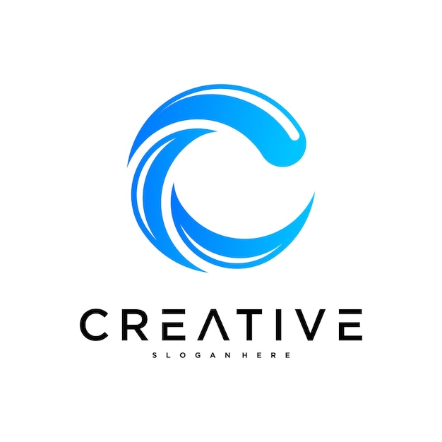 Diseño del logotipo de la letra C de las olas del océano y el flujo Premium Vector