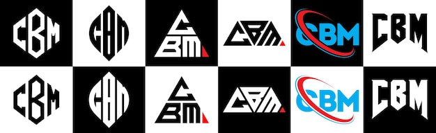 Vector diseño del logotipo de la letra cbm en seis estilos cbm polígono círculo triángulo hexágono estilo plano y simple con logotipo de letra de variación de color blanco y negro en una mesa de trabajo logotipo minimalista y clásico de cbm