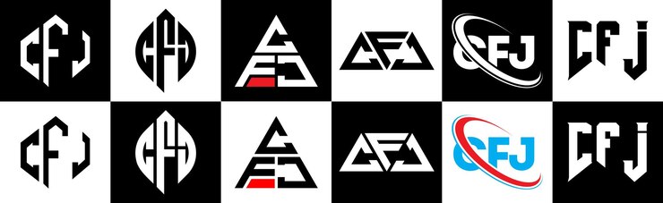 Vector diseño del logotipo de la letra cfj en seis estilos cfj polígono círculo triángulo hexágono plano y estilo simple con variación de color blanco y negro logotipo de la letra establecido en un cartel cfj logotipo minimalista y clásico