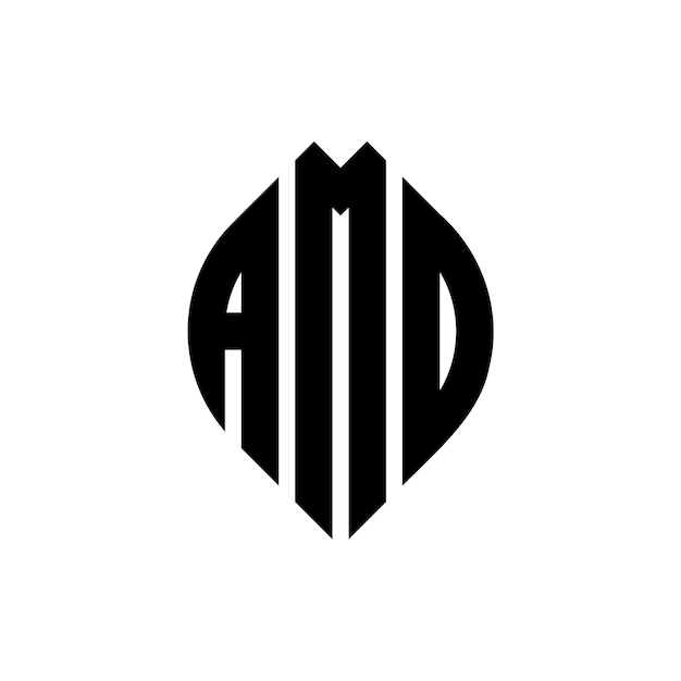Diseño del logotipo de la letra del círculo de AMD con forma de círculo y elipse Letras de la elipse de AMD con estilo tipográfico Las tres iniciales forman un logotipo del círculo