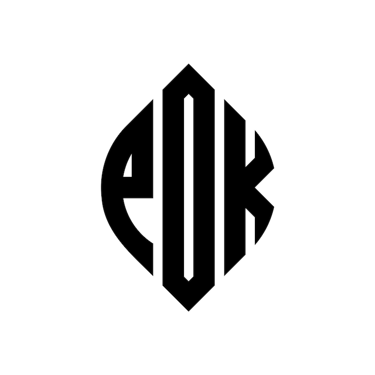 Vector diseño del logotipo de la letra del círculo pok con forma de círculo y elipse letras de la elipse pok con estilo tipográfico las tres iniciales forman un logotipo del círculo emblem pok círculo abstracto monograma letra marca vector