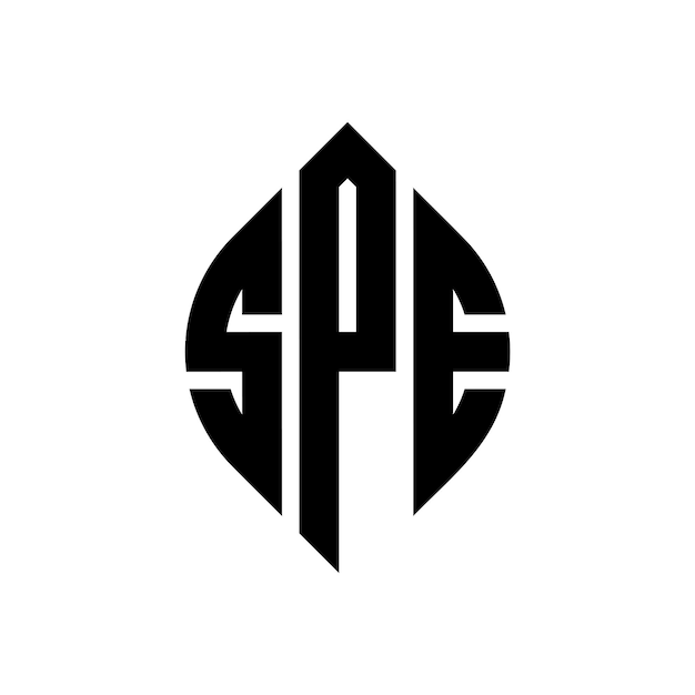 Diseño del logotipo de la letra del círculo SPE con forma de círculo y elipse Letras de la elipse SPE con estilo tipográfico Las tres iniciales forman un logotipo del círculo SPAE Emblema del círculo Monograma Abstracto Letra Marca Vector