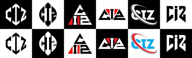 Vector diseño del logotipo de la letra ciz en seis estilos ciz polígono círculo triángulo hexágono estilo plano y simple con logotipo de letra de variación de color blanco y negro ubicado en una mesa de trabajo logotipo minimalista y clásico de ciz