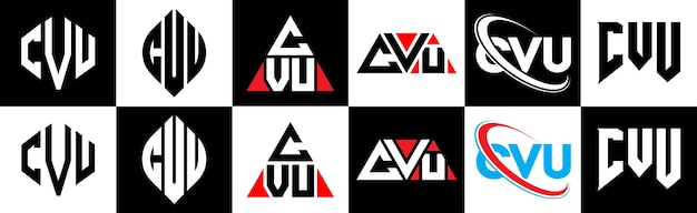 Diseño del logotipo de la letra CVU en seis estilos CVU polígono círculo triángulo hexágono plano y estilo simple con variación de color blanco y negro logotipo de la letra establecido en un tablero de arte CVU logotipo minimalista y clásico