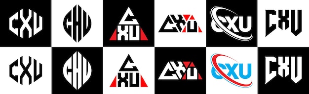 Diseño del logotipo de la letra CXU en seis estilos CXU polígono círculo triángulo hexágono plano y estilo simple con variación de color blanco y negro logotipo de la letra establecido en un tablero de arte CXU logotipo minimalista y clásico