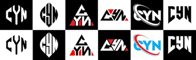 Vector diseño del logotipo de la letra cyn en seis estilos cyn polígono círculo triángulo hexágono plano y estilo simple con variación de color blanco y negro logotipo de la letra establecido en un tablero de arte cyn logotipo minimalista y clásico