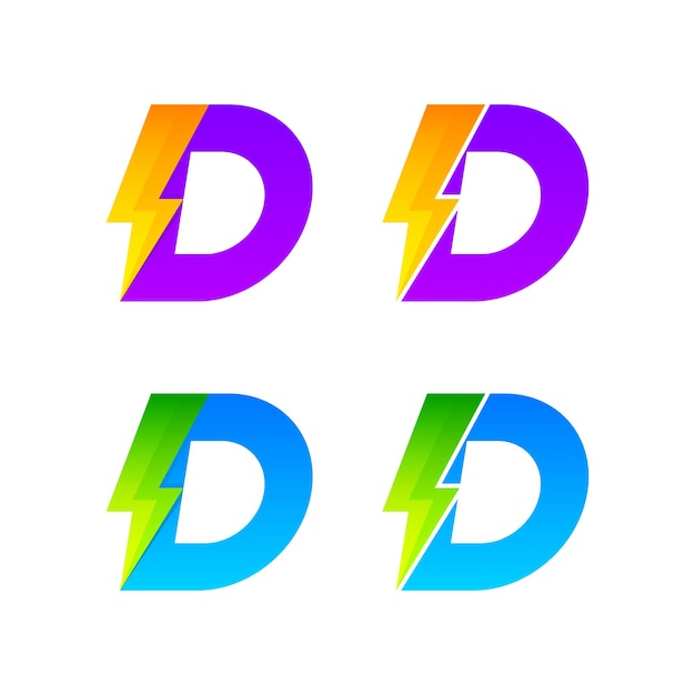 Diseño del logotipo de la letra D con el concepto de perno de iluminación y trueno para la empresa comercial de energía eléctrica