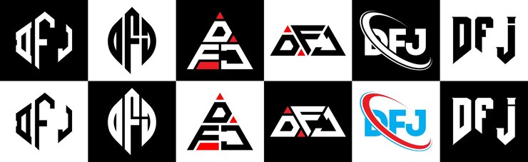 Vector diseño del logotipo de la letra dfj en seis estilos dfj polígono círculo triángulo hexágono estilo plano y simple con logotipo de letra de variación de color blanco y negro ubicado en una mesa de trabajo logotipo dfj minimalista y clásico