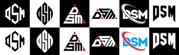 Diseño del logotipo de la letra DSM en seis estilos DSM polígono círculo triángulo hexágono plano y estilo simple con variación de color blanco y negro logotipo de la letra establecido en un tablero de arte DSM logotipo minimalista y clásico