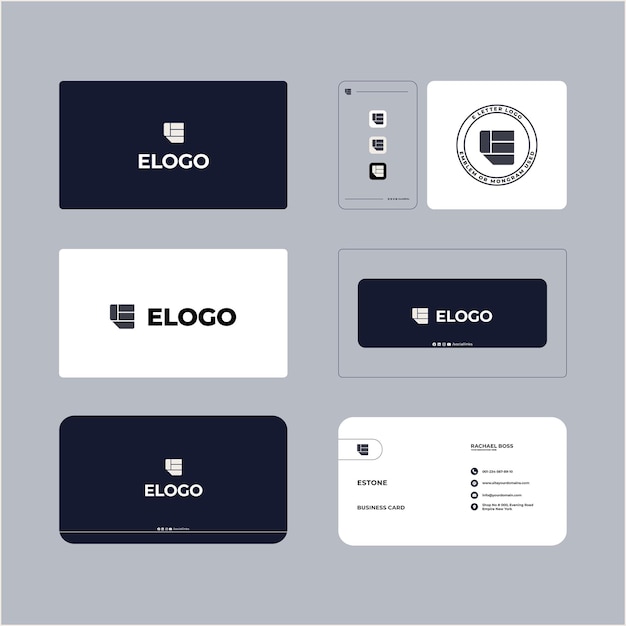 Diseño de logotipo de letra E con tarjeta de visita y kit de redes sociales